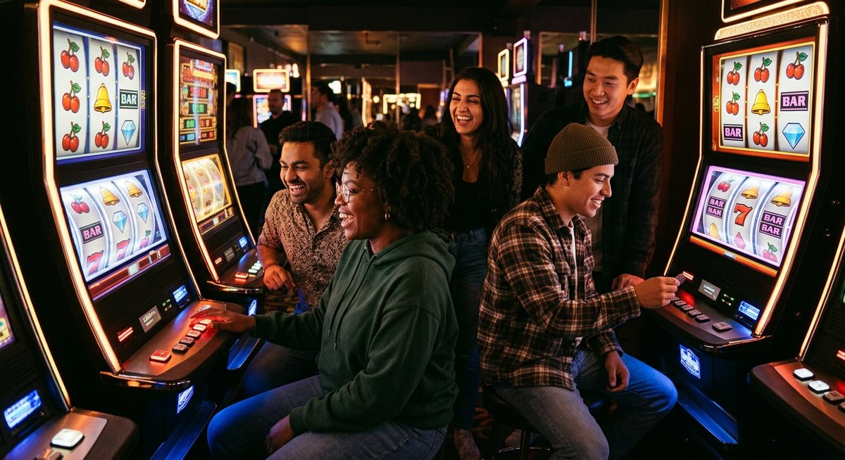 Beberapa pemain berbeda menikmati gulungan slot cherry bel dan BAR di ruang arkade gelap bercahaya amber