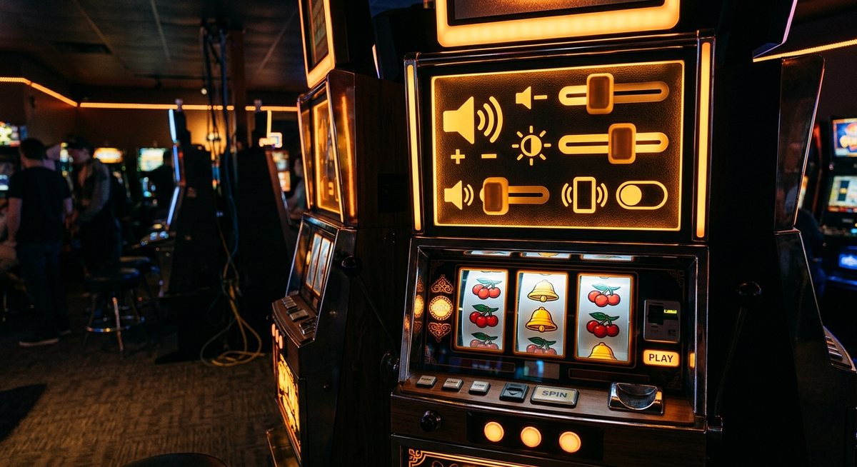 Panel pengaturan aksesibilitas pada kabinet mesin slot dengan tombol besar bercahaya amber