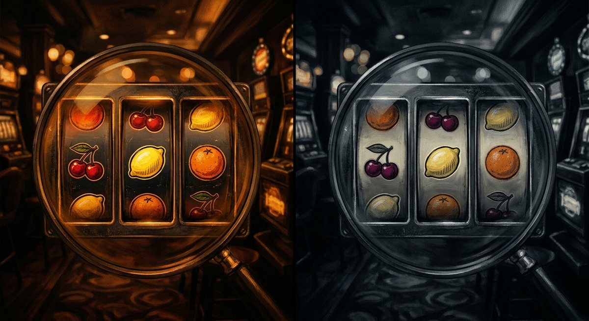 Gulungan mesin slot dengan simbol ceri lemon dan oranye dilihat melami lensa filter warna di ruangan gelap