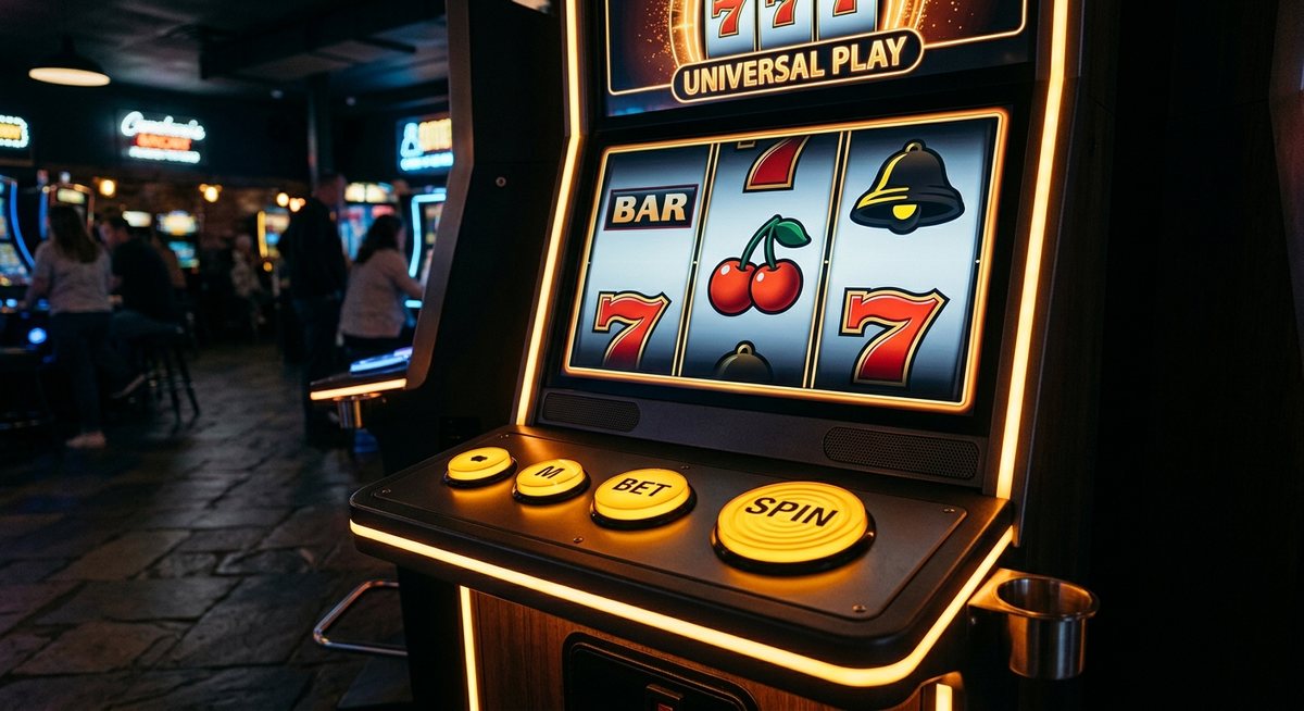 Kabinet mesin slot desain universal dengan tombol amber besar dan simbol ceri tujuh bel yang mudah dibaca