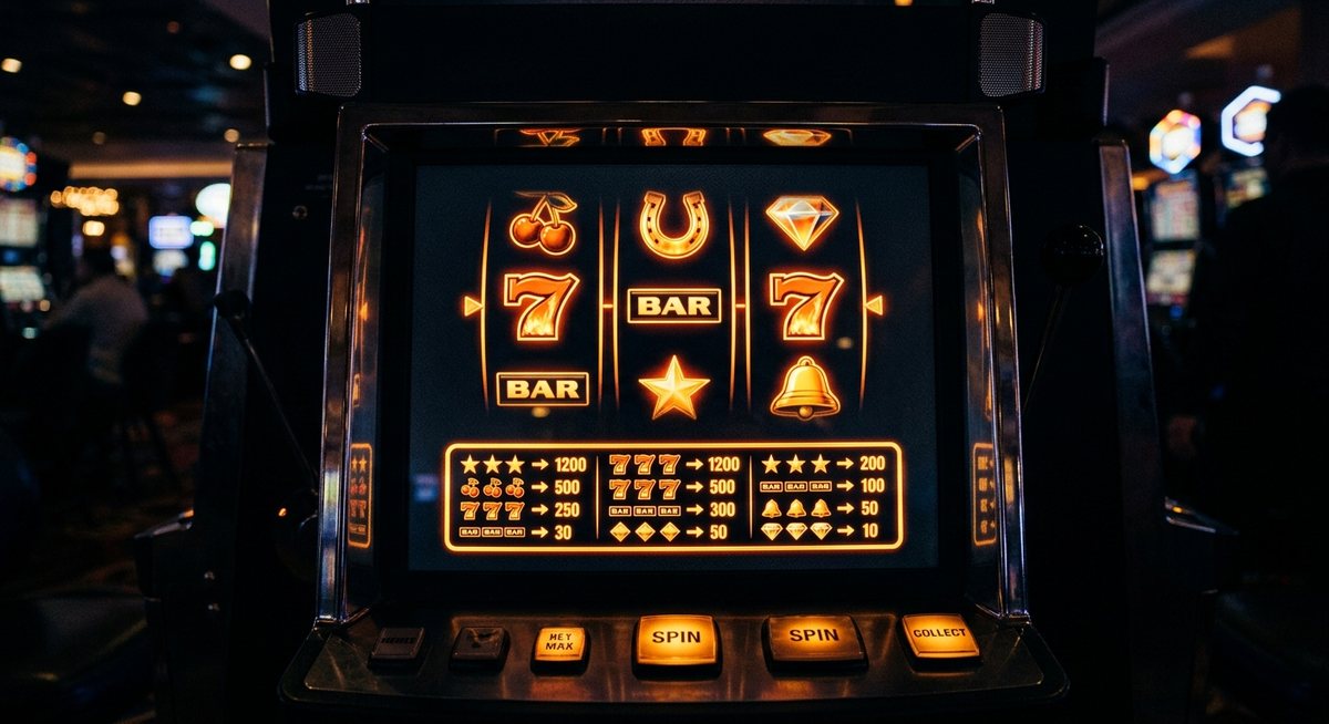 Layar mesin slot dengan simbol amber sangat terang di atas latar graphite gelap dengan papan gaji menyala
