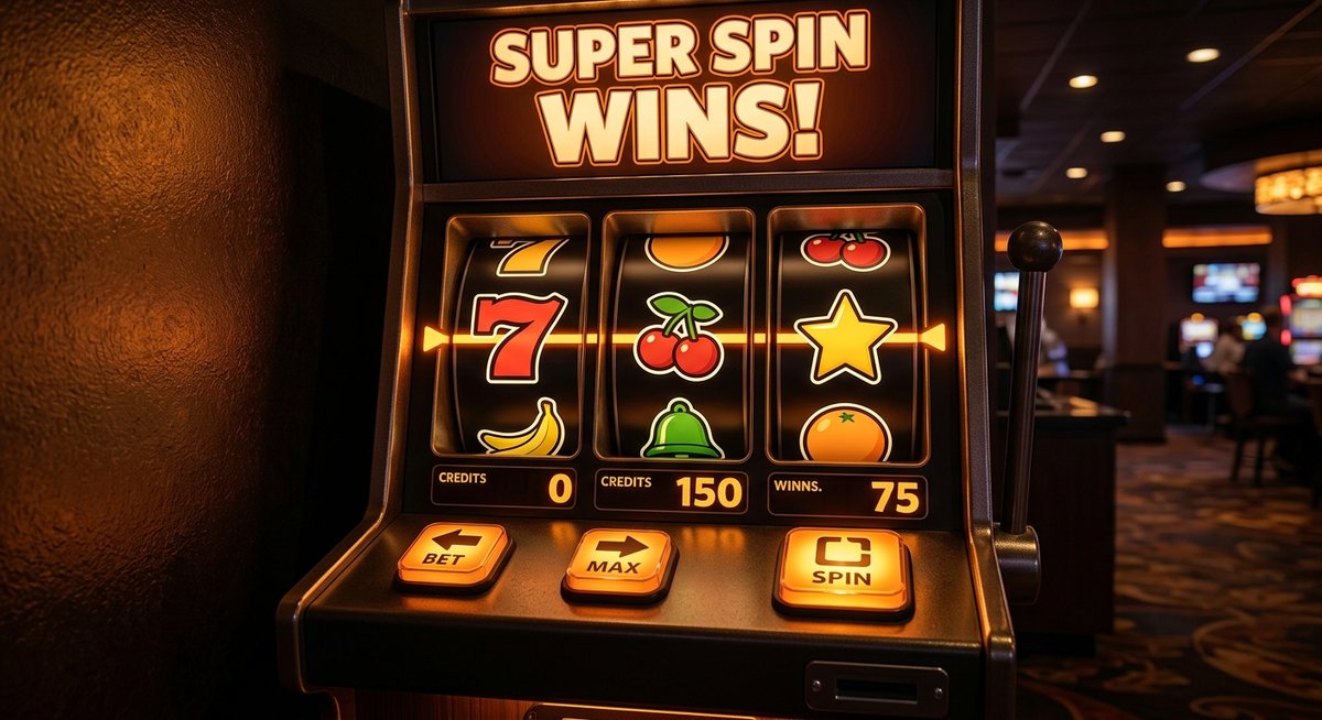 Mesin slot dengan huruf dan simbol berukuran sangat besar dan bentuk sederhana jelas bercahaya amber
